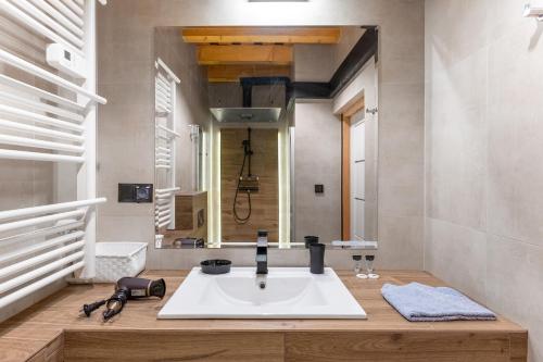 维斯瓦Apartamenty - Król Gór -的浴室设有白色水槽和镜子
