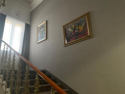 扎泰茨Hotel Zlatý Anděl的楼梯墙上两幅鲜花图片
