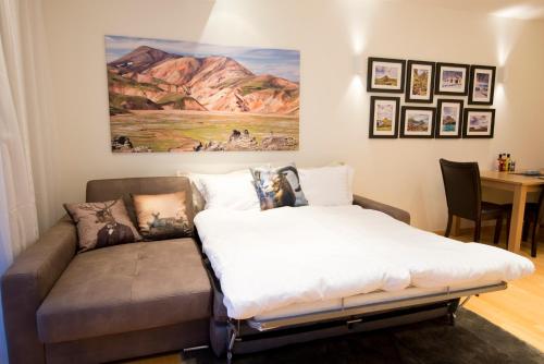 雷克雅未克城市舒适公寓的一间卧室配有一张床和一张沙发