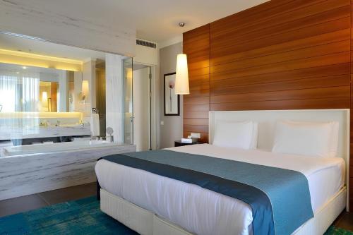 图尔古特雷斯Sundance Suites Hotel的一间卧室设有一张大床和一个浴缸