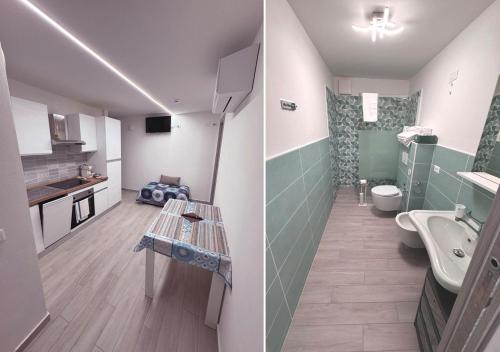 里米尼chiAma Hotel的浴室设有水槽和卫生间,两幅图片
