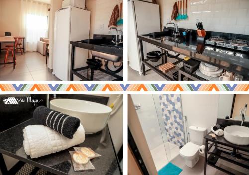 阿拉沙Vila Maju espaço home office, garagem, próx.. UniAraxá, Fácil acesso的带水槽和冰箱的厨房的三张图片