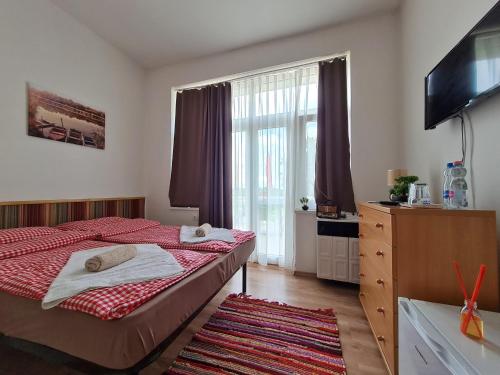 杜瑙保陶伊Tó Szálló的一间卧室设有一张床和一个大窗户