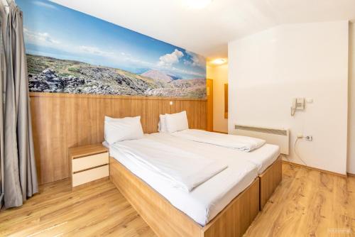 奥赫里德Villa Tino的一间卧室配有一张壁画床