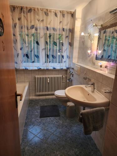 希尔金根Ferienwohnung Delina Riedheim的浴室配有盥洗盆、卫生间和浴缸。