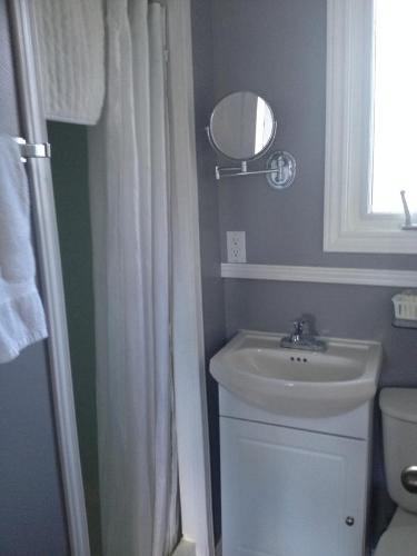 Manitowaning马尼图林我的好友旅馆的一间带水槽和镜子的浴室