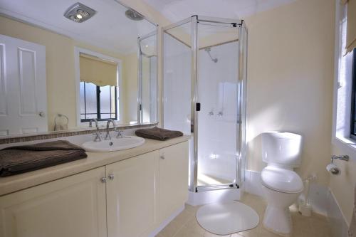 罗金汉姆棕榈滩庄园度假屋的带淋浴、卫生间和盥洗盆的浴室
