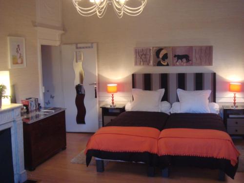 图卢兹运河别墅住宿加早餐旅馆的卧室配有一张壁挂吉他的床