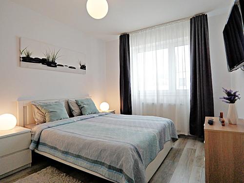 布拉索夫Relaxing Coresi Studio的一间卧室设有一张床和一个大窗户