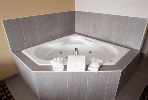 CarlyleWestern Star Inn and Suites Carlyle的浴室内配有浴缸和毛巾。