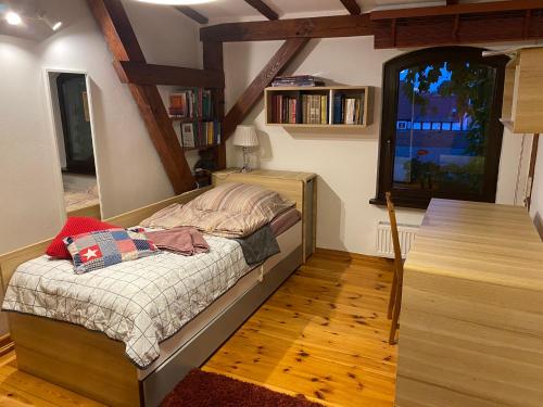 帕克Kamienica na Starym Rynku - 140 m2 i garaż的铺有木地板的客房内设有一间卧室和一张床。