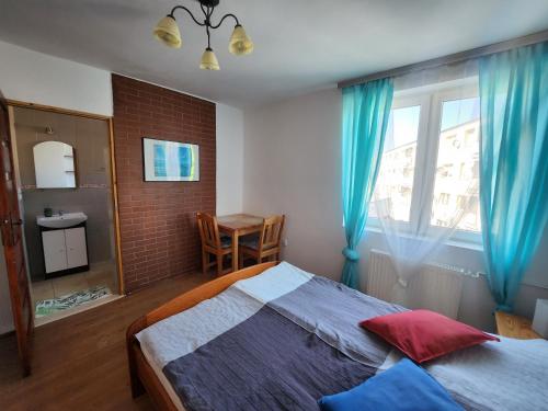 韦巴Pokoje u Bodzia的一间卧室设有一张床、一个窗口和一张桌子