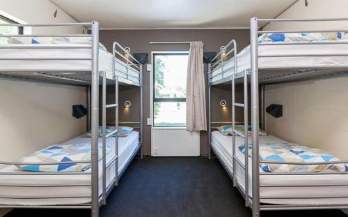 珀斯Wallaby Backpackers Hostel Perth - note - Valid passport required to check in -的宿舍间设有两张双层床,配有窗户