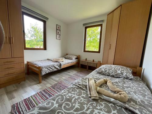 克拉列沃Vikendica Cerović的一间卧室设有两张床和两个窗户。