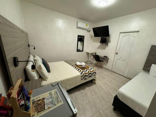 里奥阿查Hotel la Sierra Riohacha II的一间卧室配有一张床、一张书桌和一台电视。
