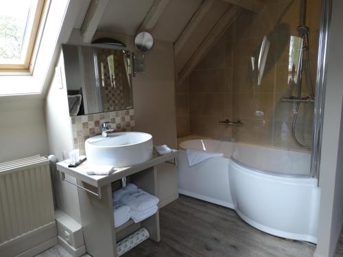 RuiseledeB&B Castel 't Haantje的浴室配有水槽、淋浴和浴缸。