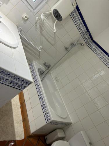 圣马迪拉莫Gite Armieux的带淋浴、浴缸和卫生间的浴室