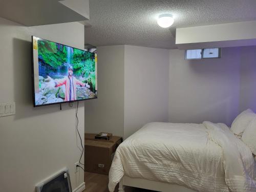 布兰普顿Cozy room basement with separate entrance的卧室配有一张床和壁挂式平面电视。