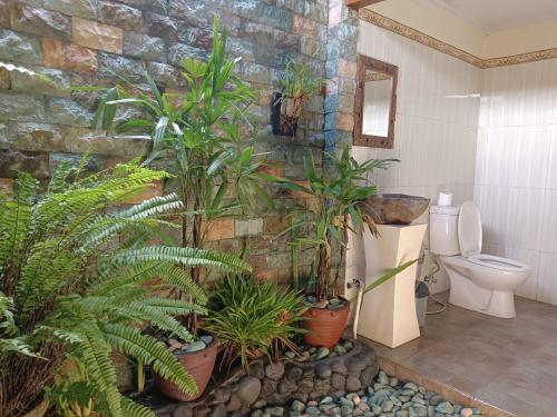 乌布Mancur Guesthouse的一间种植了植物和石墙的浴室