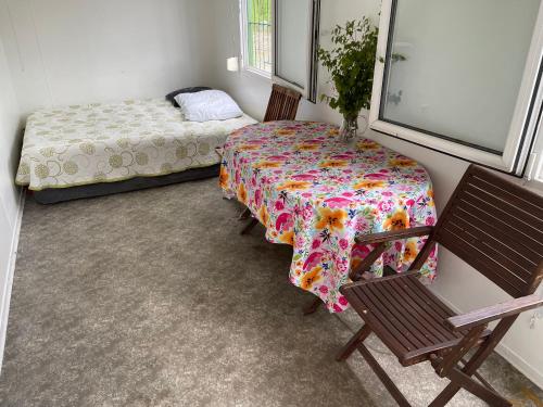 约恩苏Boreal Rockview Retreat的配有桌子和两把椅子及一张床的房间