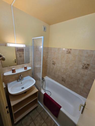 西克斯特Hotel et centre de vacances Le Choucas的浴室配有盥洗盆、浴缸和盥洗盆