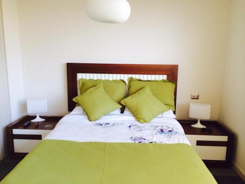 维纳德马Reñaca Park Apartment的一间卧室配有一张带绿床单和枕头的床。