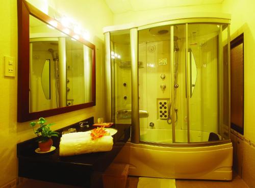 芹苴后江酒店的带淋浴和盥洗盆的浴室