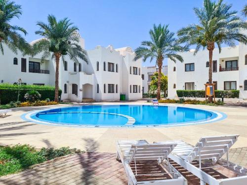 沙姆沙伊赫Cozy Apartment in the Center of sharm el sheikh的一个带2把躺椅的游泳池,棕榈树