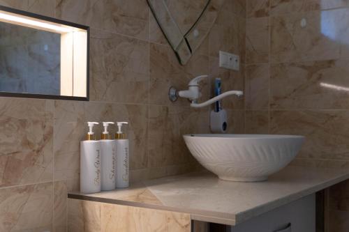 布雷兹诺Apartmán NAVRCHU的浴室配有盥洗盆和带盥洗盆的台面