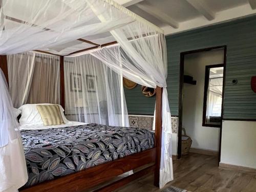 阿鲁沙Mount Meru Game Lodge & Sanctuary的卧室配有带白色窗帘的天蓬床