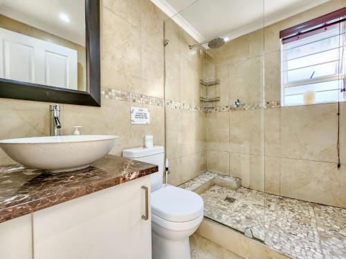 开普敦Urban Style House with Jacuzzi & Garage的浴室配有卫生间、盥洗盆和淋浴。