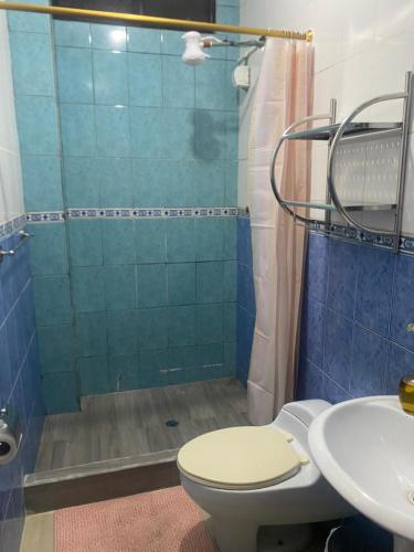 巴克里索莫雷诺港Casa de Alojamiento Muyuyo House的浴室配有卫生间、淋浴和盥洗盆。