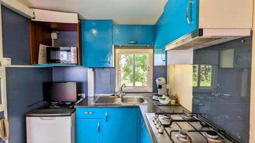 Cottage flottant Terrasse Nature près Dijon的蓝色的厨房设有水槽和炉灶