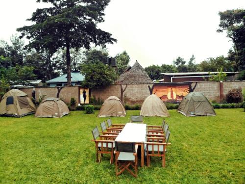 TuvailaCharming Eco-Campsite near Kilimanjaro International Airport的田野里一组帐篷,配有桌椅