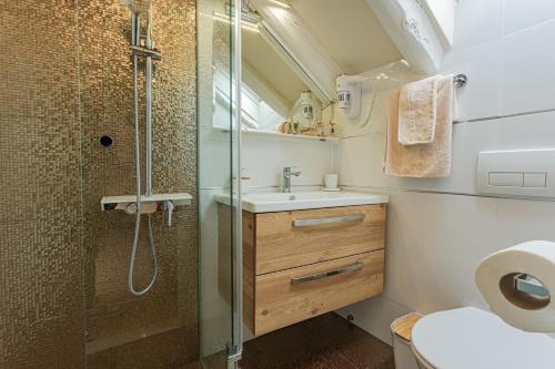 特罗吉尔Apartments & Rooms Trogir Stars FREE PARKING的带淋浴和盥洗盆的浴室