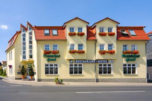 KüllstedtDM Hotes & Apartments - Apartment Pfarrgasse 09的一座黄色的大建筑,窗户上摆放着鲜花