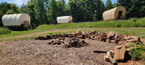 勒诺Covered Wagons Hill Camp - WAGON 1的一堆木头和火坑在田野里