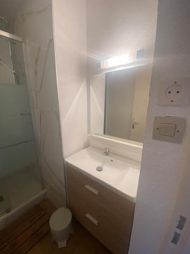 博尔马斯·莱斯·米默萨斯Appartement La Favière的白色的浴室设有水槽和镜子