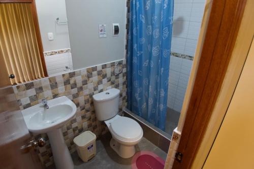 奥克萨潘帕Hospedaje Vista Verde的一间带卫生间和水槽的浴室