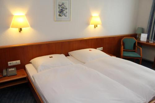 莱因费尔登-埃希特尔丁根太阳酒店的一间卧室配有两张床、椅子和灯