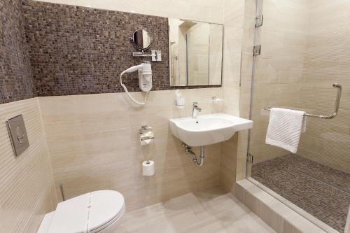 克拉斯诺达尔Chocolatier Hotel的浴室配有卫生间、盥洗盆和淋浴。