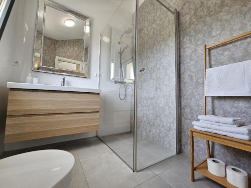 塞维德Villa VI的带淋浴、卫生间和盥洗盆的浴室