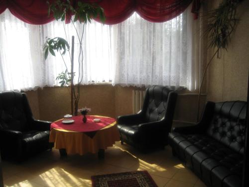 马佐夫舍地区奥斯特鲁夫Zajazd Skalny的客厅配有黑色真皮座椅和桌子