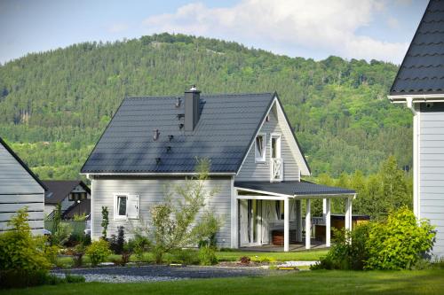 MiszkowiceOsada Aurora Całoroczne domki do wynajęcia nad jeziorem i w górach的黑色屋顶的白色房子