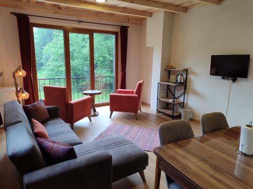 里泽Maçkun Suite的客厅配有沙发、椅子和电视