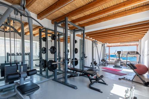 卡拉沃斯塔西Onar Suites & Villas的健身房设有数台跑步机和健身器材