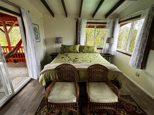 沃尔卡诺Volcano Eco Cabin & Eco Lodge的一间卧室配有一张床和两把椅子