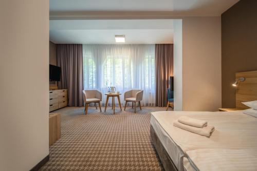 波兰尼卡-兹德鲁伊Medical Sensus的酒店客房带一张床、一张桌子和椅子