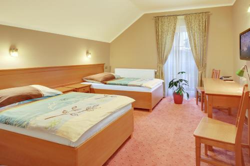 Žlutice哈莫尼酒店的酒店客房配有两张床和一张书桌