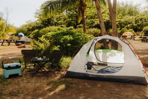 卡胡卢伊Epic Maui Car Camping的田野里的帐篷和桌椅